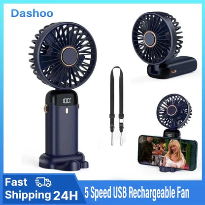 BreezeMate Rechargeable Handheld Mini Fan - LED Digital Display with 5 Speeds - Purple/White, white rechargeable handheld fan design
