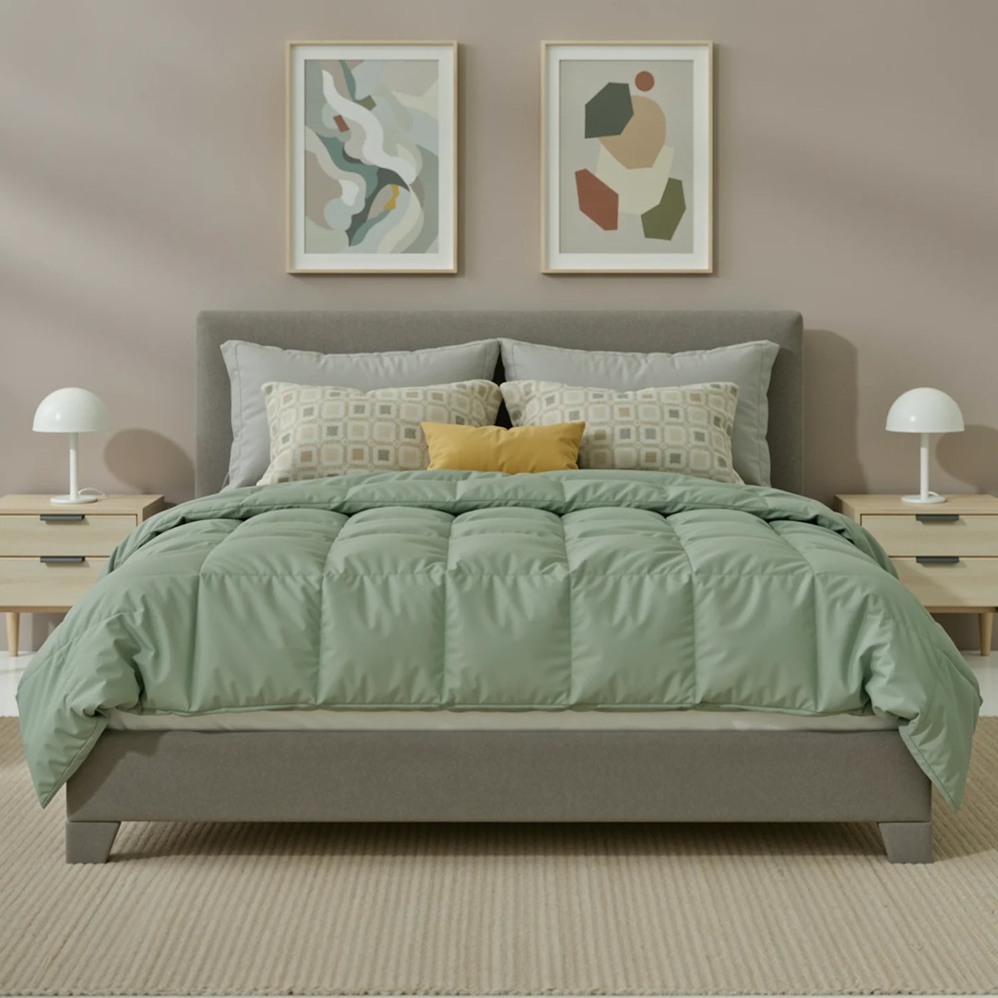 Overview of the noise-free design of the upholstered platform bed, promoting a restful sleep environment.