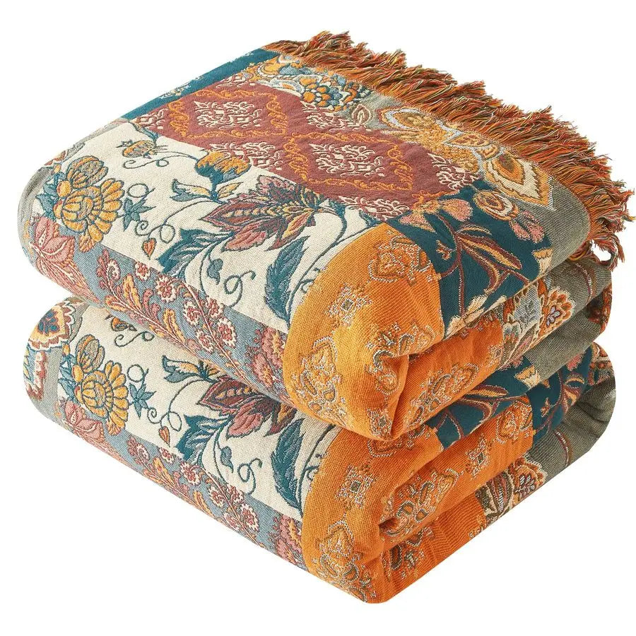 Ultra Soft 100% Muslin Cotton Boho Throw Blanket w/Printed Patchwork Floral Design