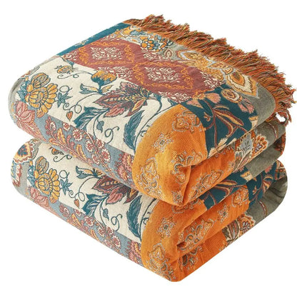Ultra Soft 100% Muslin Cotton Boho Throw Blanket w/Printed Patchwork Floral Design