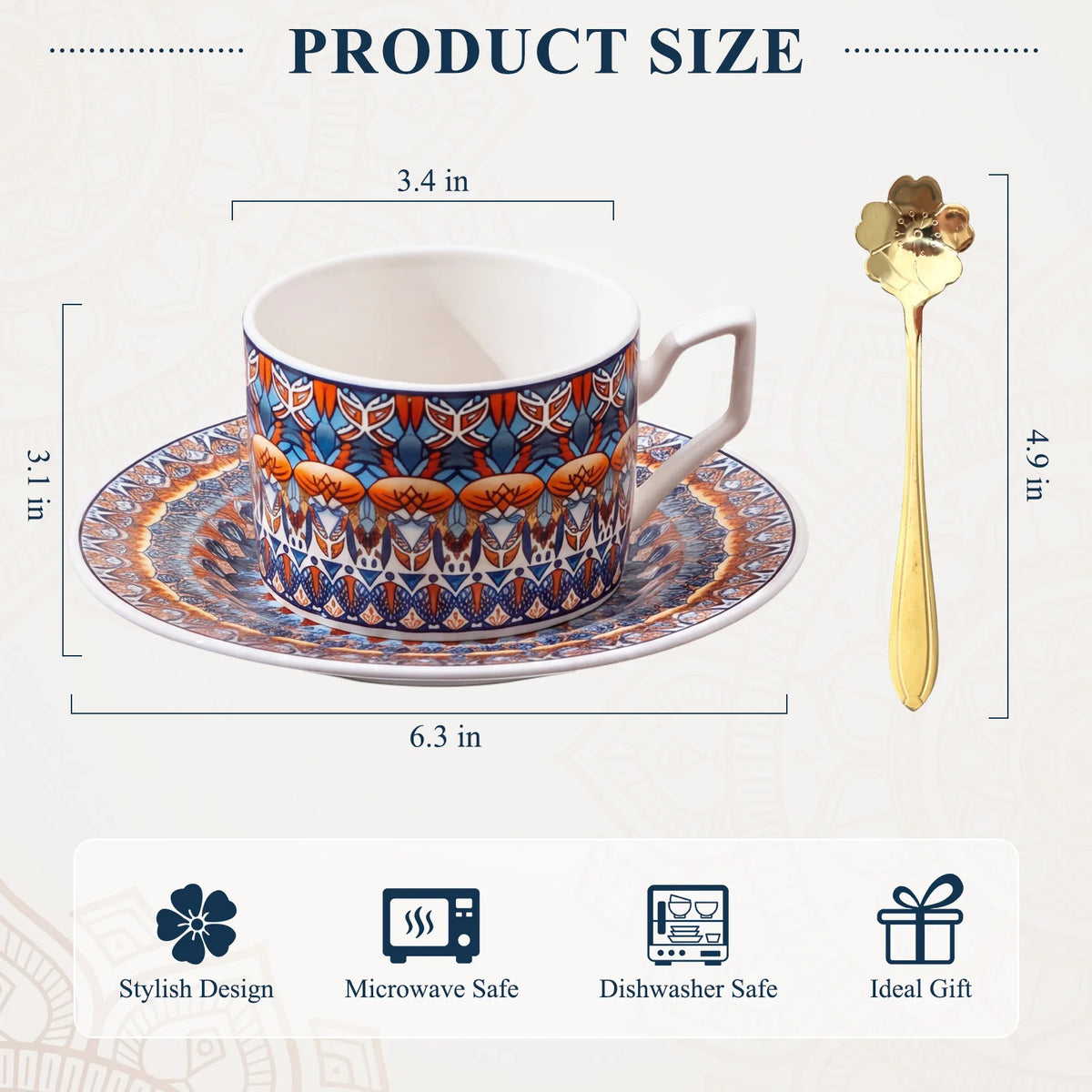 Bohemian Ceramic Coffee Cup and Saucer Set for 2, 8.5 oz Espresso Mugs with Spoons, geometric ceramic coffee cup set design
