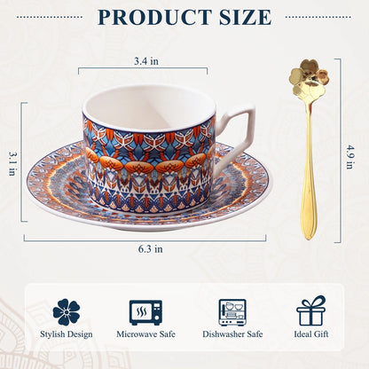 Bohemian Ceramic Coffee Cup and Saucer Set for 2, 8.5 oz Espresso Mugs with Spoons, geometric ceramic coffee cup set design