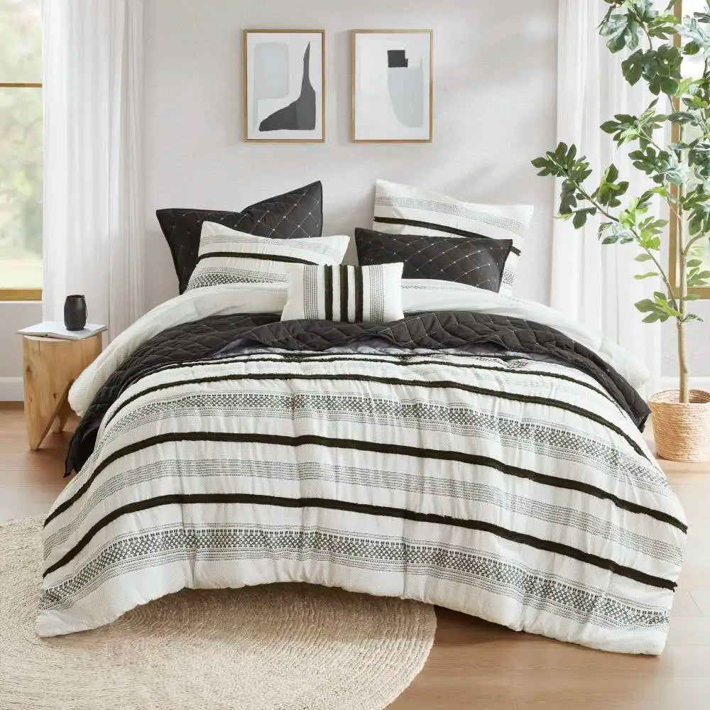 7-piece king size black & white stripe comforter set showcasing boho style, perfect for year-round use.