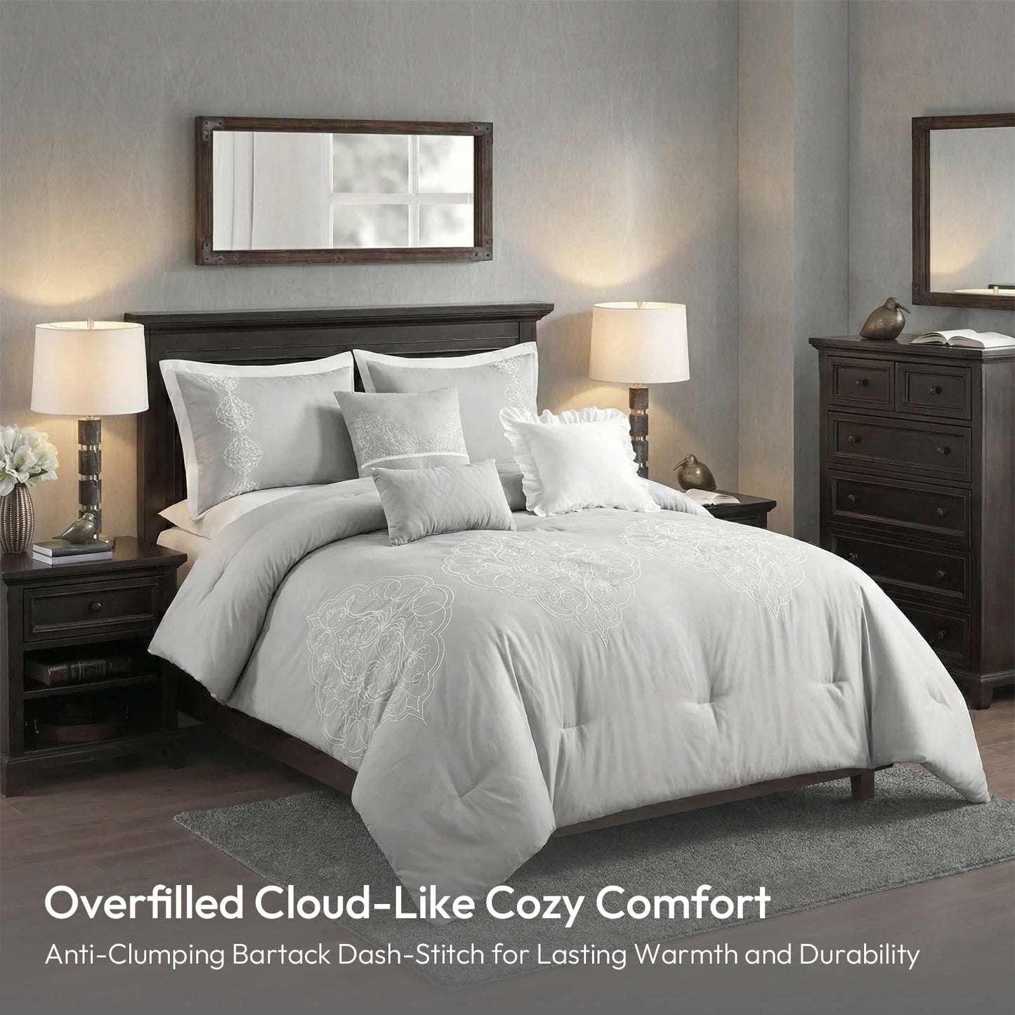 Elegant Queen King Microfiber 6-Piece Comforter Set, Silver Medallion with embroidered detailing.