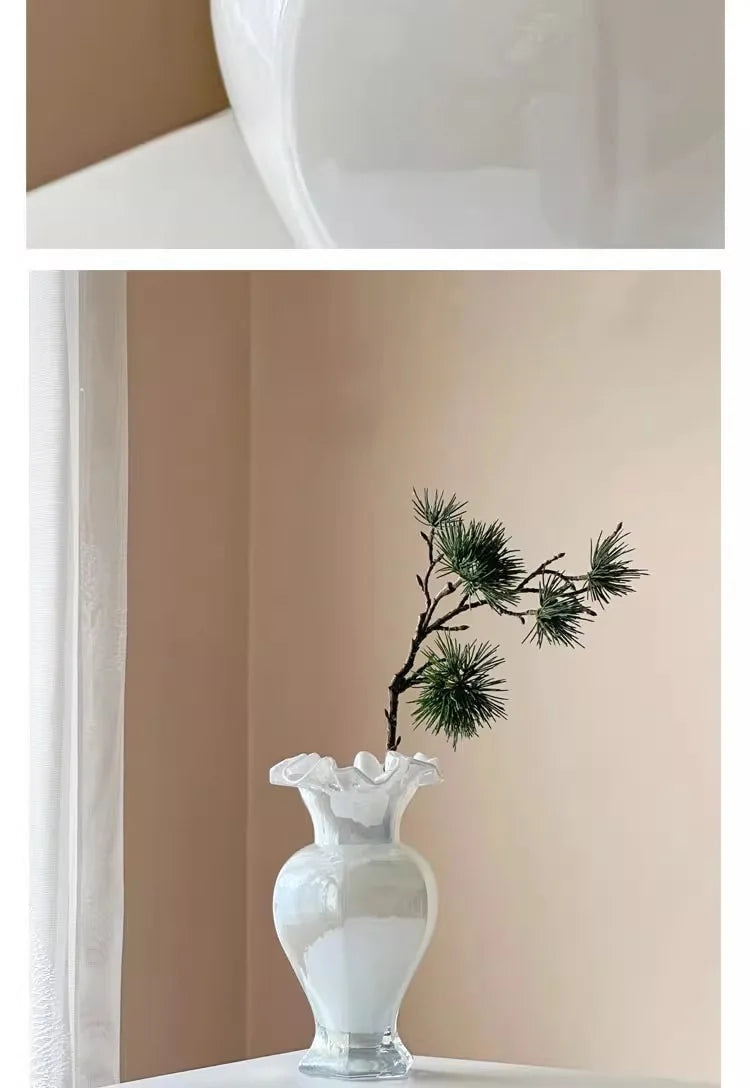 Vintage 24Cm Opalescent Ruffled Edged Fenton Glass Vase as an artistic statement piece in a modern setting.