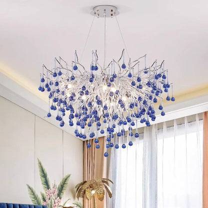 Luxury Chrome Branch  &  Silver Blue Crystal Ceiling Chandelier