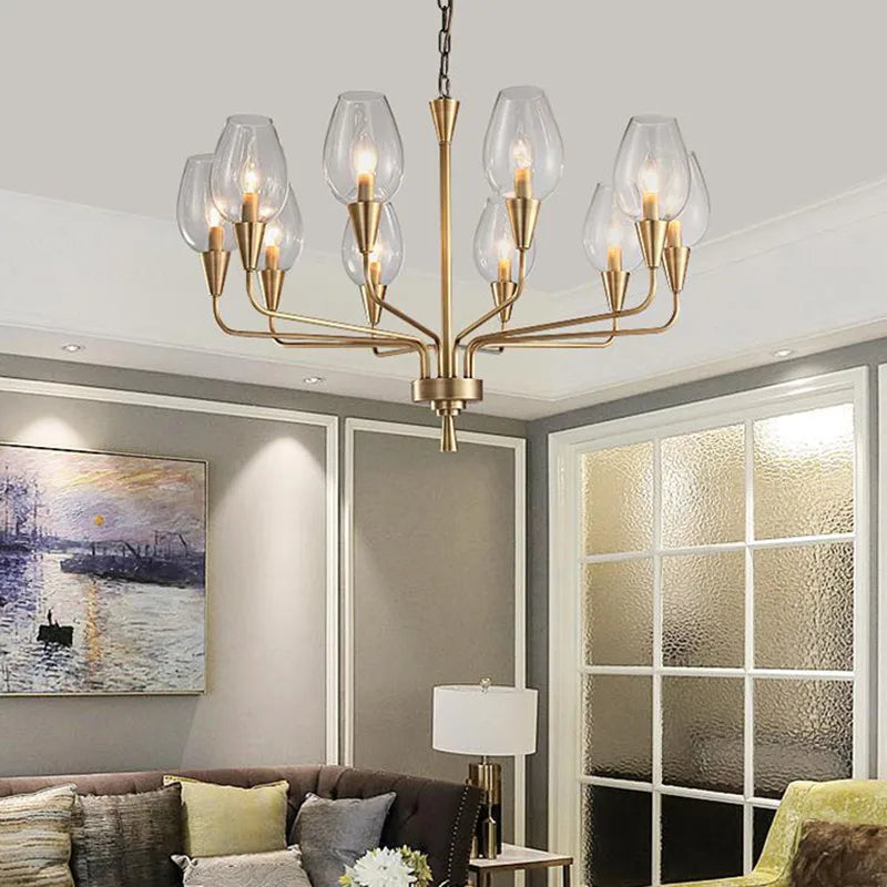 Angled view of the Stunning Modern LED Chandelier in Blue and Matte Brass, highlighting its elegant silhouette and modern charm.