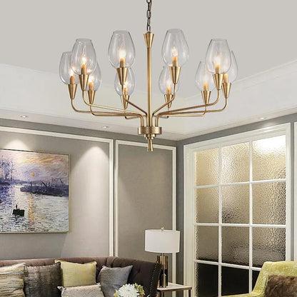 Angled view of the Stunning Modern LED Chandelier in Blue and Matte Brass, highlighting its elegant silhouette and modern charm.