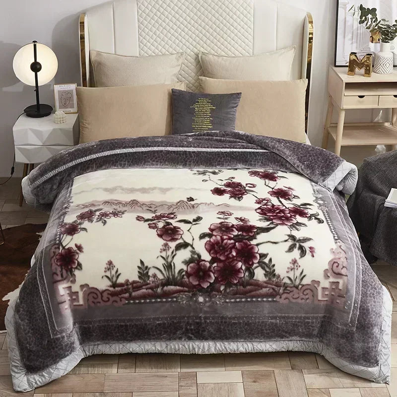 Korean Raschel 2-Ply Heavy Fleece Blanket, 78x90 Queen Size Reversible Geometric Plush Blanket in a neutral beige floral style; reversible geometric blanket for cozy queen-size bedding.