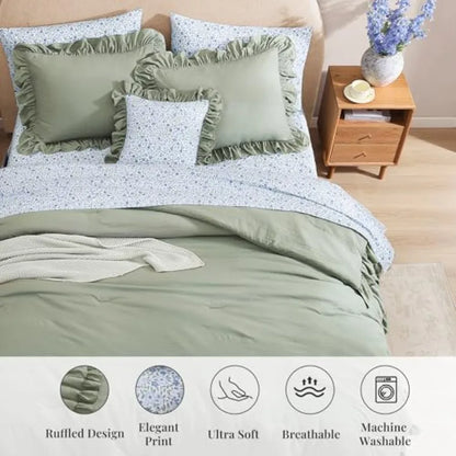 Luxury Sage Green Ruffle Comforter Set – 7-Piece Farmhouse Bedding with Sheets, Soft Elegant All-Season Bed Set