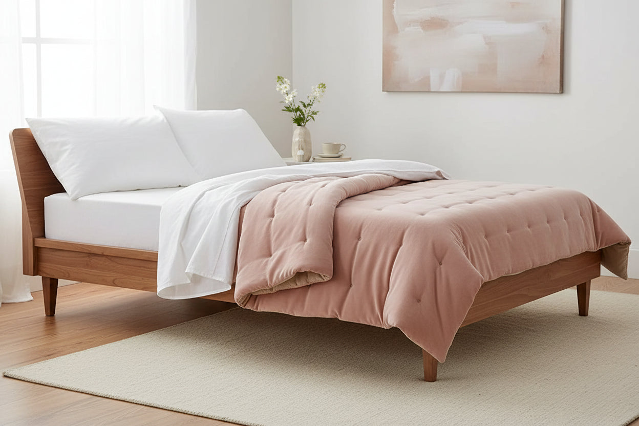 The luxurious texture of the Reversible Luxury Cotton Velvet Throw in dusky pink, emphasizing its comfort and style as a reversible cotton velvet throw.