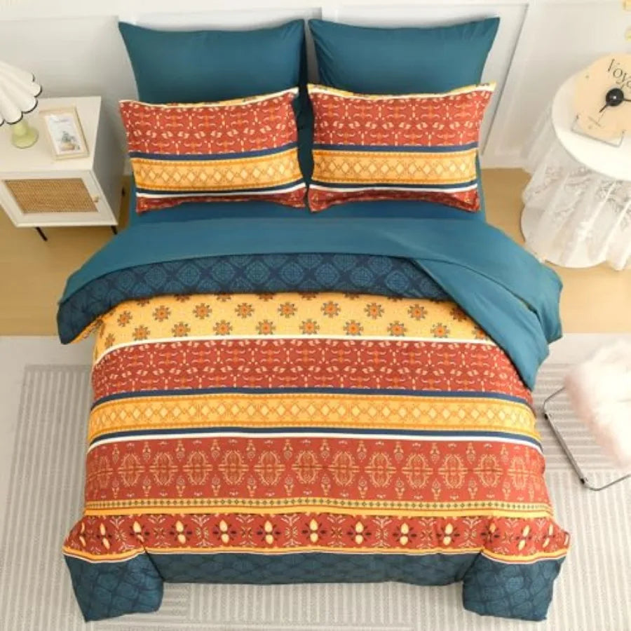 Detail of various pieces included in the Boho King Comforter Set, emphasizing its 7-piece luxury bedding ensemble.