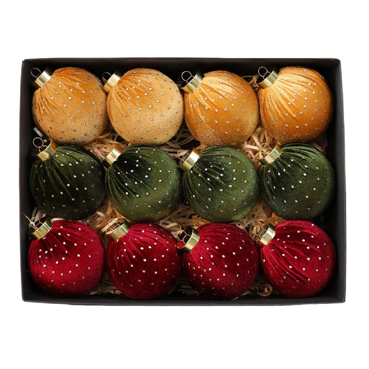 12 Piece 3D Star Shape Velvet Christmas Ball Ornaments with Glitter Dots, showcasing the luxurious velvet texture and enchanting design, perfect for festive decorations.