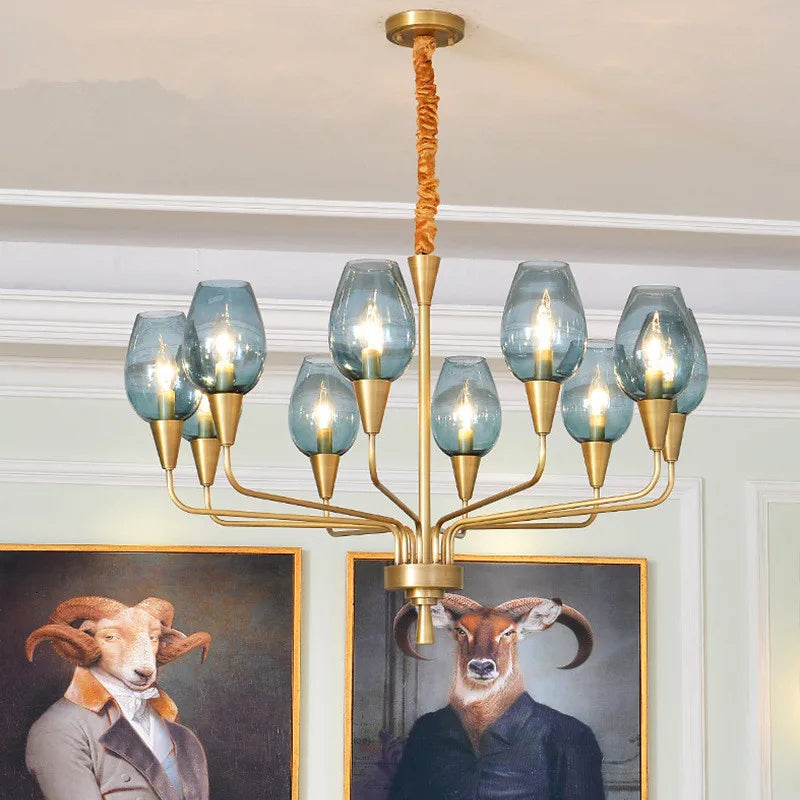 Close-up of the Stunning Modern LED Chandelier in Blue and Matte Brass, highlighting the intricate design and captivating colors that elevate home aesthetics.