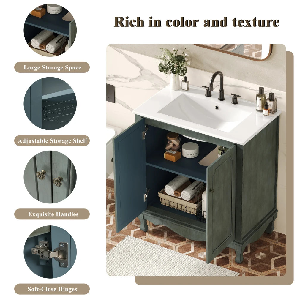 American Retro Style 30" Bathroom Vanity w/Separate Ceramic Sink