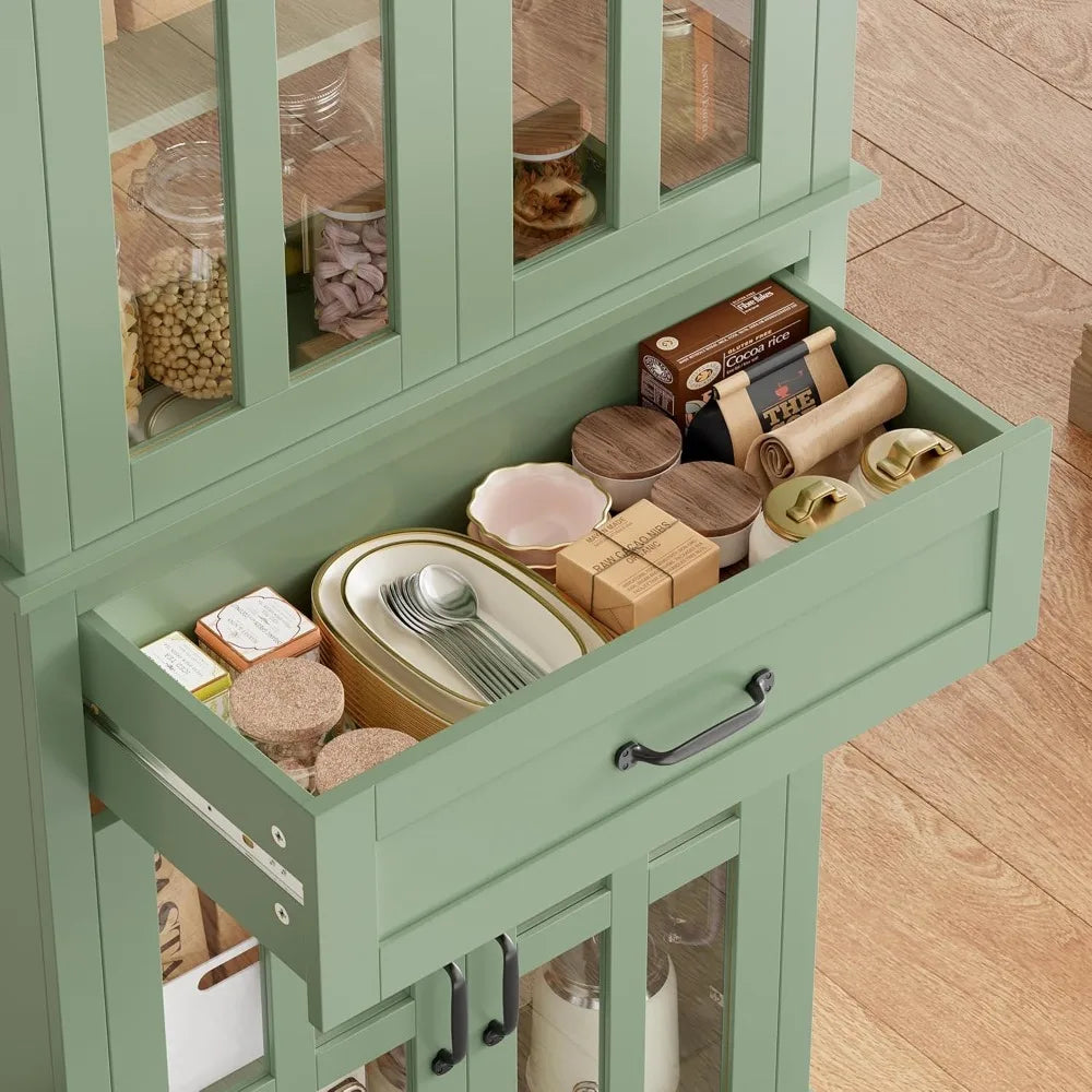 Efficient Glass Door Wooden Tall Storage Cabinet with Drawer – 71” Green Pantry Bookcase perfect for any narrow space, a chic glass door storage cabinet.
