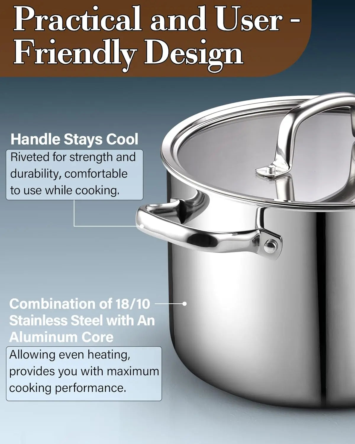 Ergonomically designed riveted handles of the Cook N Home 12-Quart Stainless Steel Stockpot, ensuring a secure grip.
