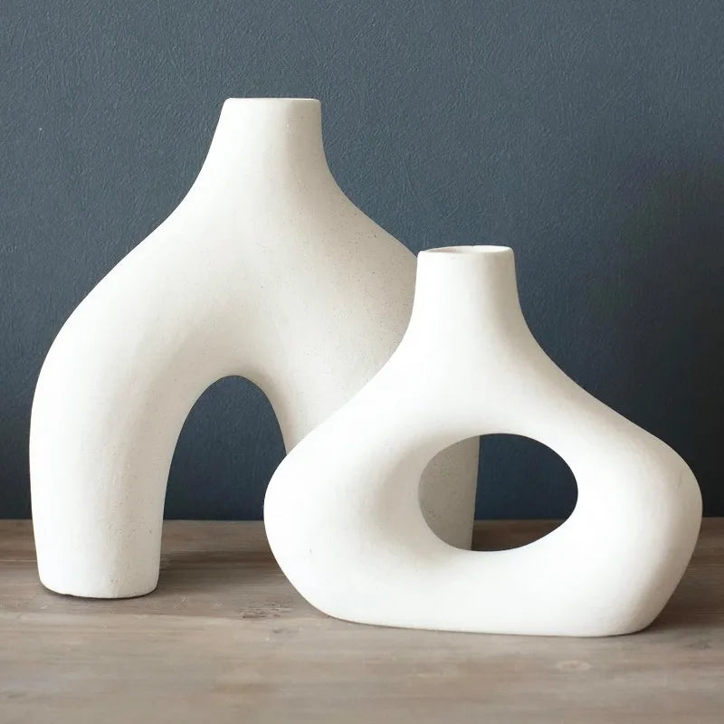 Matte White Hollow Nordic Ceramic Donut Vase~ Set of 2