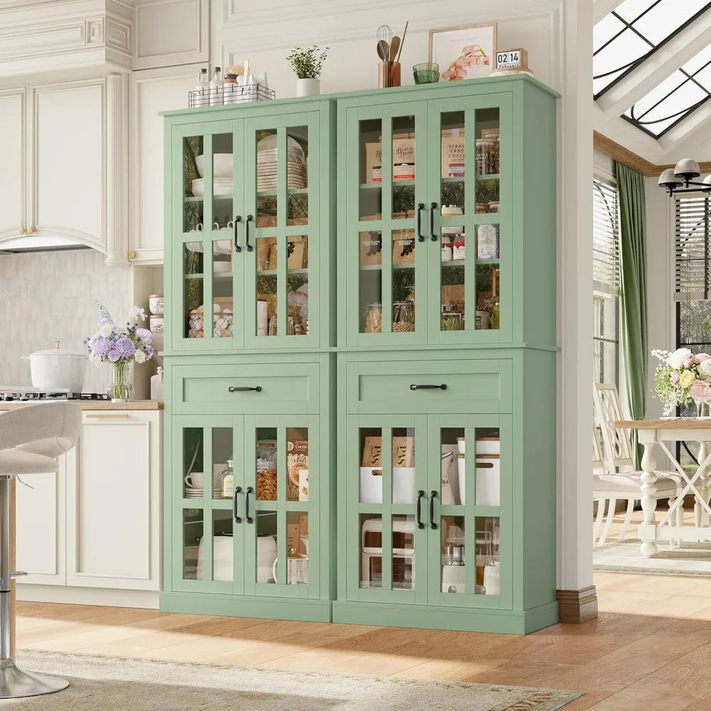 Glass Door Wooden Tall Storage Cabinet with Drawer – 71” Green Pantry Bookcase with a clean minimalist design, a sleek glass door storage cabinet.