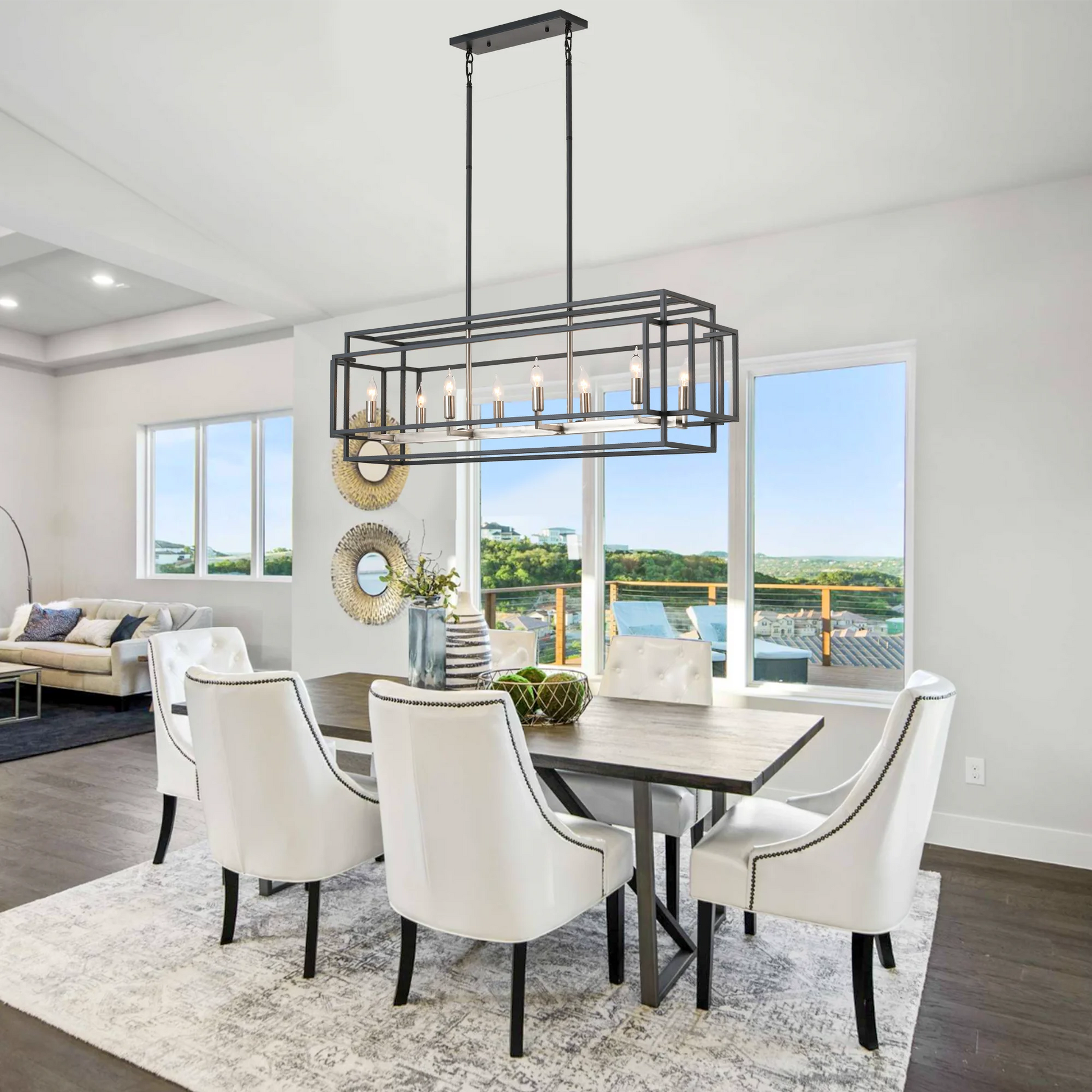 Modern Farmhouse 8-Light Linear Chandelier showcasing its elegant black and silver design, perfect for kitchen islands or dining rooms. A stylish modern farmhouse chandelier that elevates your home decor.
