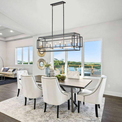 Modern Farmhouse 8-Light Linear Chandelier showcasing its elegant black and silver design, perfect for kitchen islands or dining rooms. A stylish modern farmhouse chandelier that elevates your home decor.