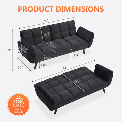 Cozy setup of 57" Velvet Convertible Futon Sofa showing its versatility as a sleeper bed, ideal for guests.