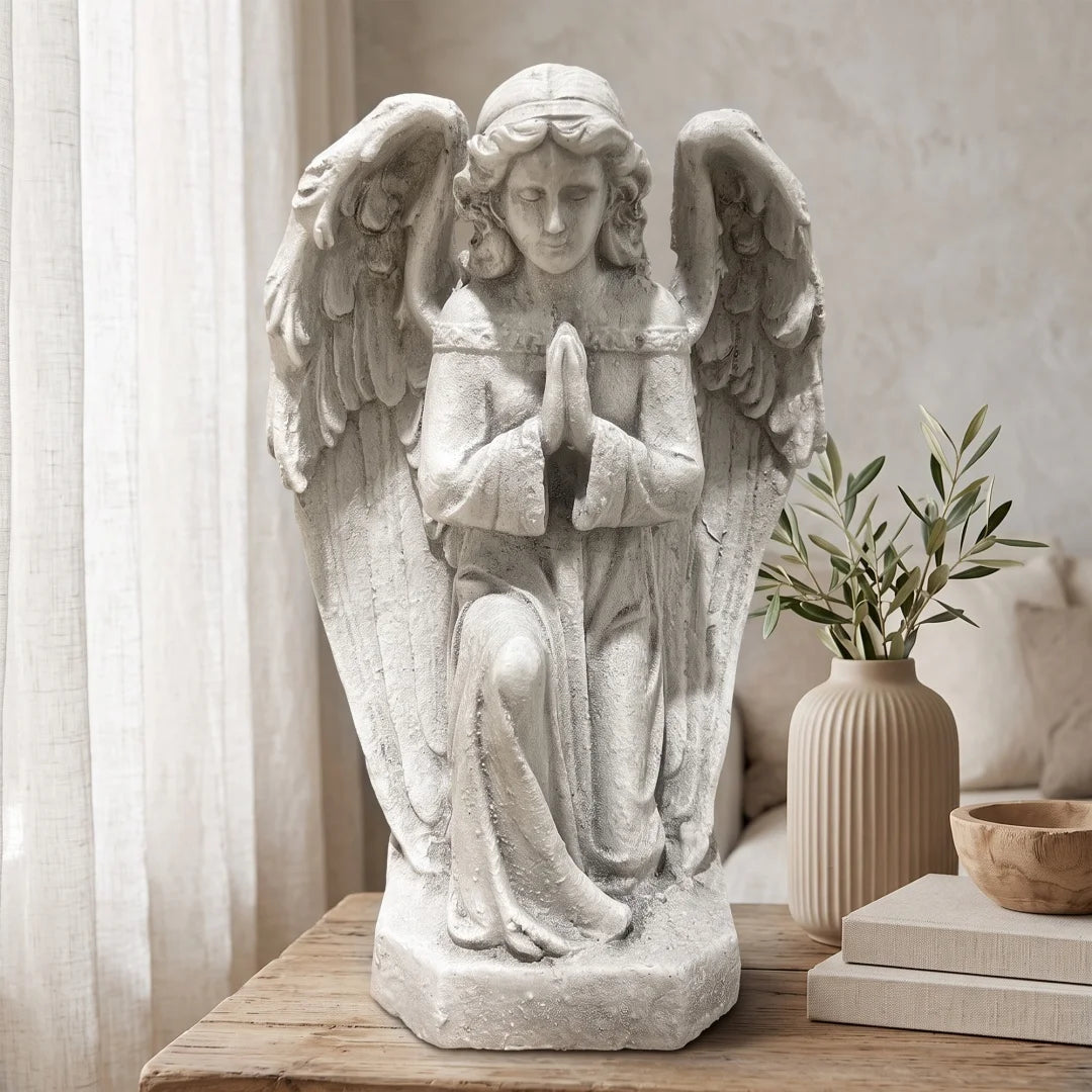 GDF Studio Praying Angel Statue - Weatherproof Magnesium Oxide Garden Figurine - Antique White and Gray, outdoor praying angel statue décor