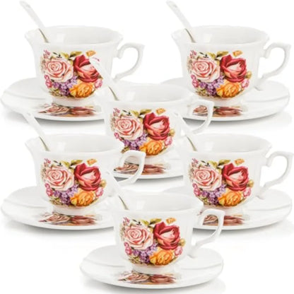 Elegant setting featuring the Vintage Floral Tea Cup Set of 6 cups with saucers, perfect for tea lovers and gift giving.