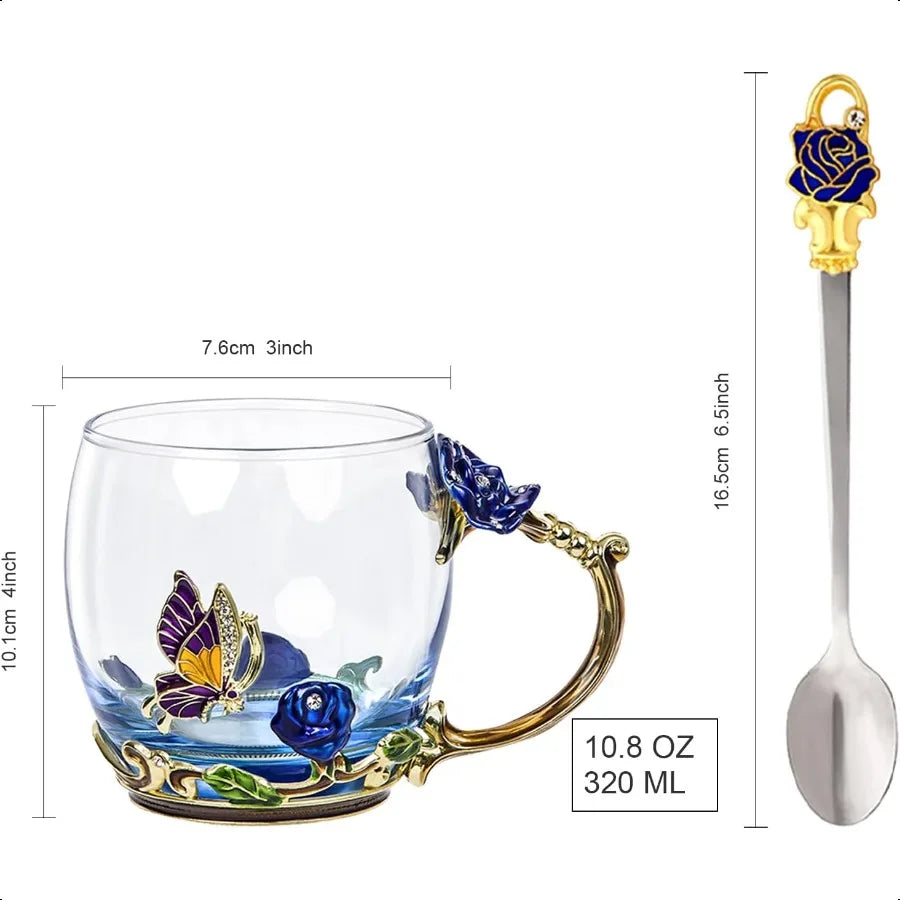 Fancy Butterfly & Rose Glass Tea Cup w/Spoon Gift Box