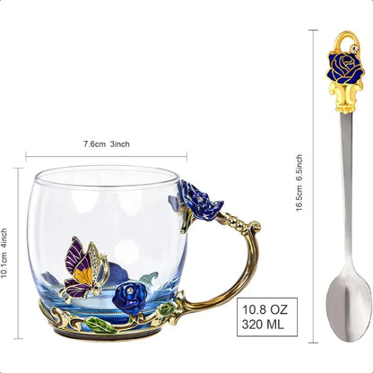 Fancy Butterfly & Rose Glass Tea Cup w/Spoon Gift Box