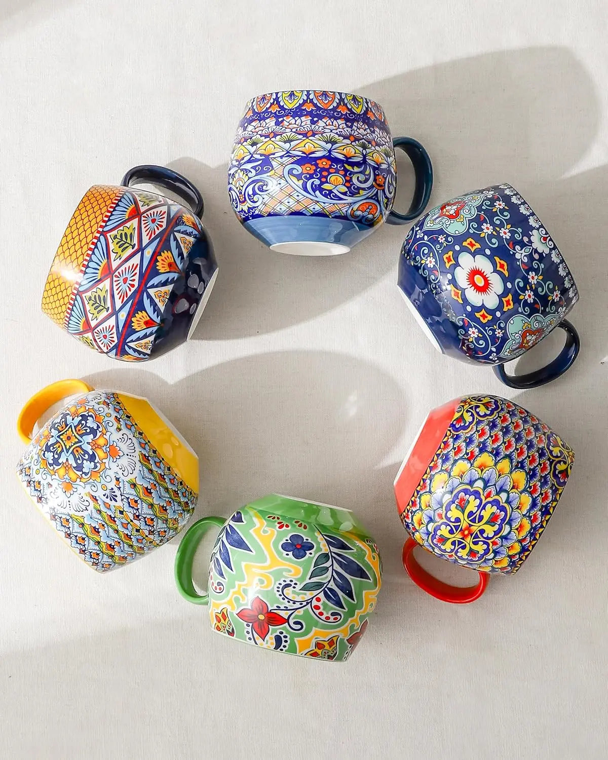Elegant Boho 20oz Ceramic Coffee Mugs Set of 6 displayed together, versatile and colorful boho ceramic coffee mugs for all occasions.