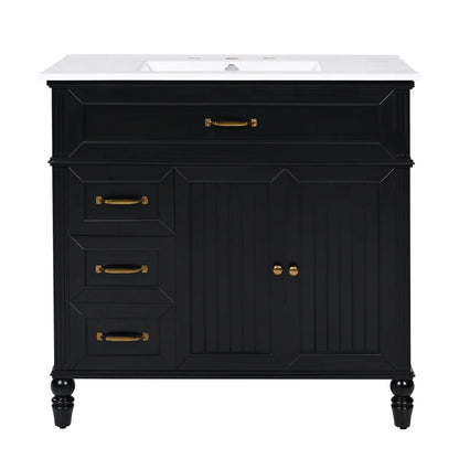 Freestanding 36" Black  Bathroom Vanity w/Retro Gold Handles & Ceramic Sink