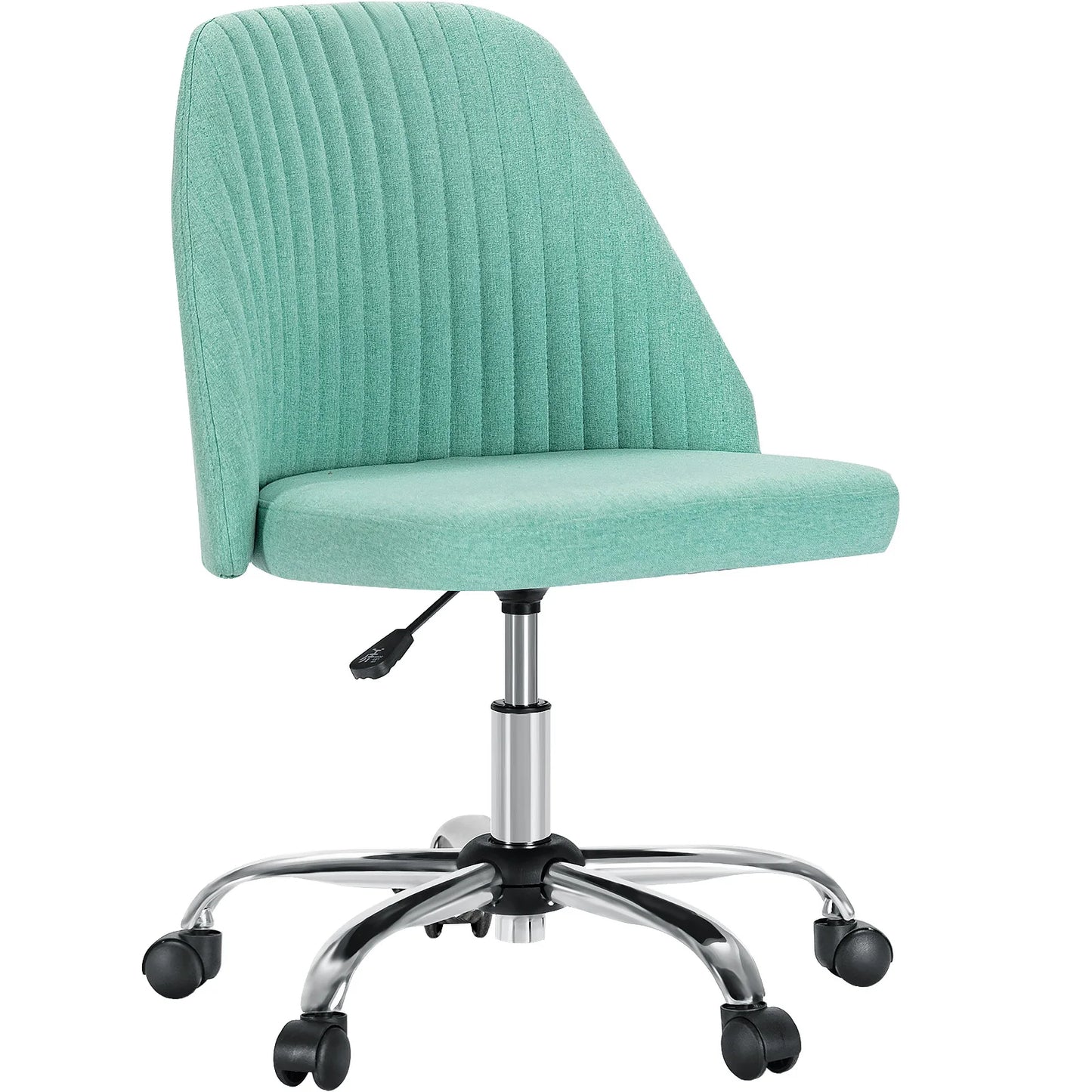 A person using the Modern Mid-Back Armless Fabric Office Chair with wheels, demonstrating its functionality as an armless office chair for dynamic work.
