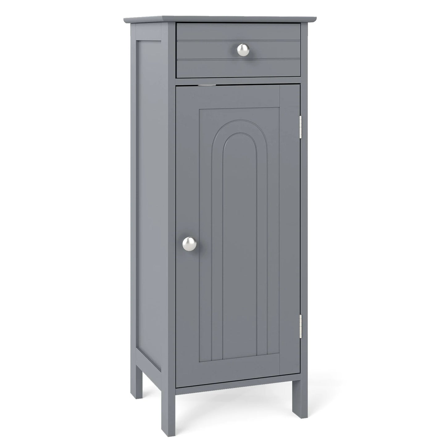 Top view of the Slim Grey Bathroom Storage Cabinet with decorative items, showcasing its potential as a stylish gray freestanding organizer in modern bathrooms.