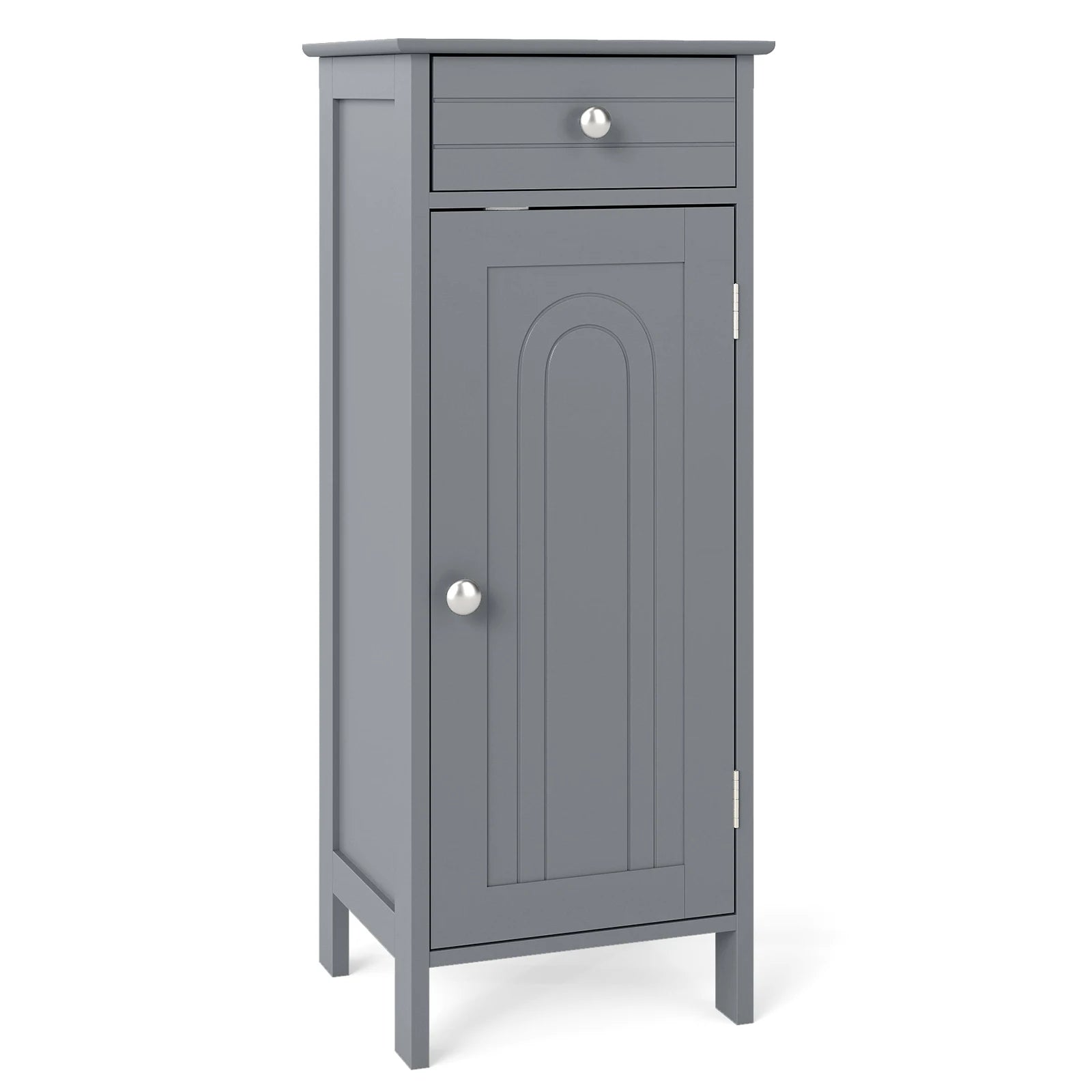 Top view of the Slim Grey Bathroom Storage Cabinet with decorative items, showcasing its potential as a stylish gray freestanding organizer in modern bathrooms.