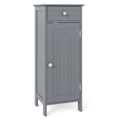 Top view of the Slim Grey Bathroom Storage Cabinet with decorative items, showcasing its potential as a stylish gray freestanding organizer in modern bathrooms.