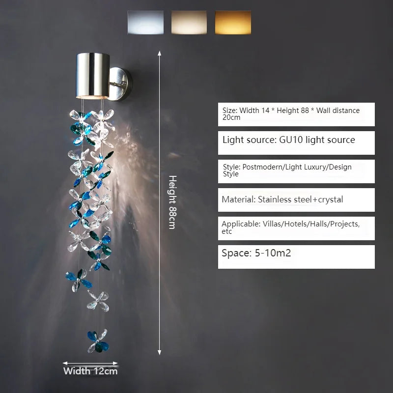 Stunning view of the Exquisite Modern Crystal Wall Lamp in a stylish bedroom, enhancing decor.