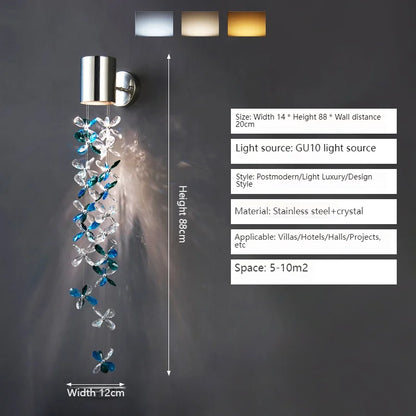 Stunning view of the Exquisite Modern Crystal Wall Lamp in a stylish bedroom, enhancing decor.