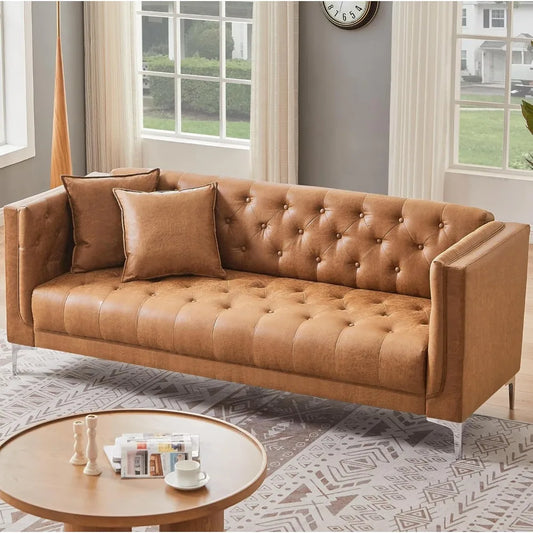 Versatile Mid-Century Modern Leather Tufted Sofa w/2 Throw Pillows