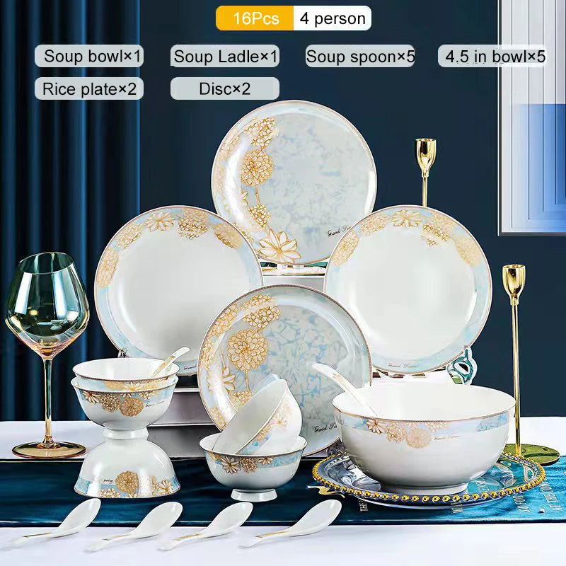 Vibrant display of the Elegant 16-Piece Blue And White Ceramic Dinnerware Set with delectable dishes.