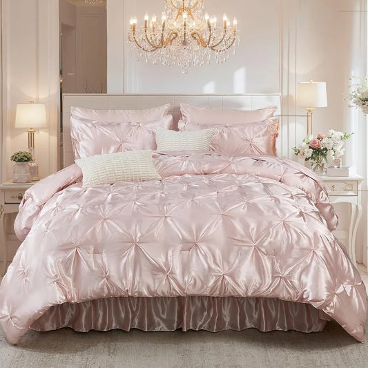 Aesthetic 10-piece King Size Pink Satin Comforter Set
