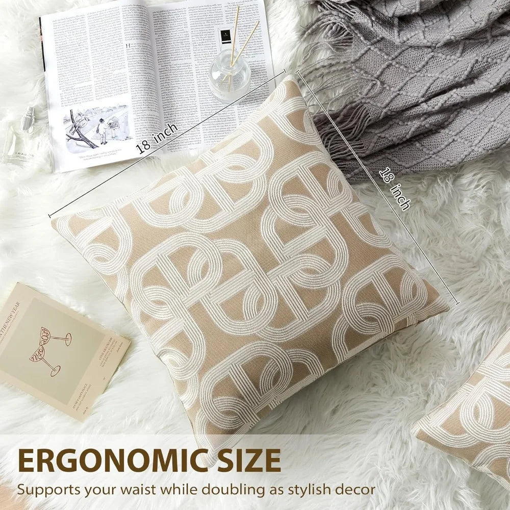 18x18 Latte Jacquard Throw Pillow Cover – Horseshoe Pattern Nordic Cushion Case for a cozy sofa, jacquard pillow cover