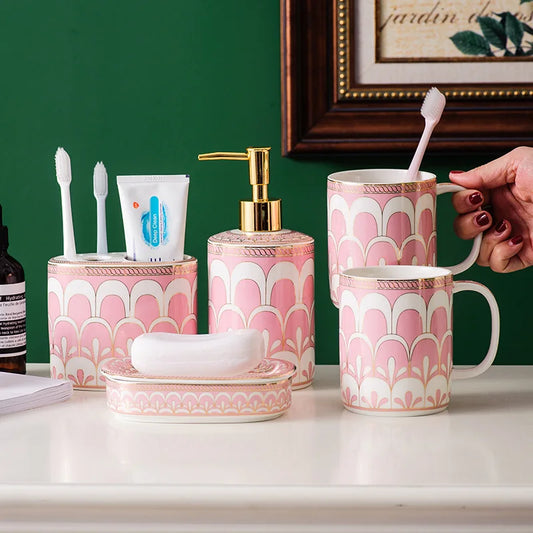 Luxury Ceramic Hand Soap Dispenser in pink, white, and gold with feather pattern gilt, ideal for bathroom or kitchen, 500ml capacity.