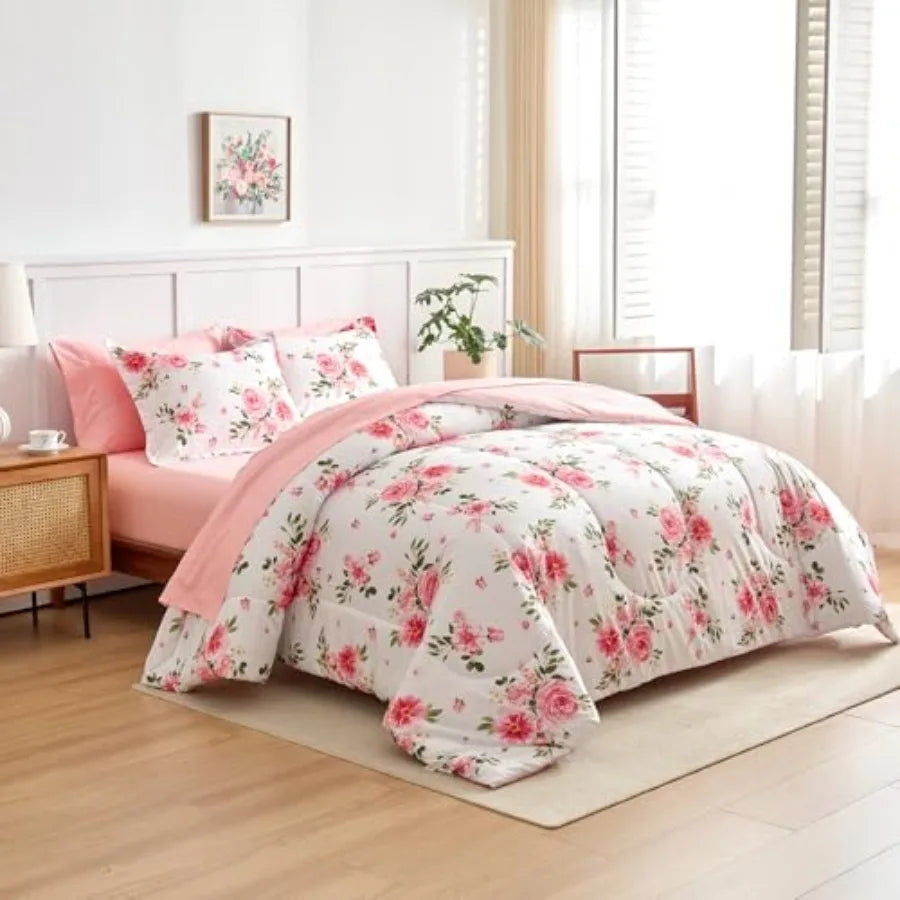Reversible design of the floral bedding set showing crisp white background with dark pink flowers, adding elegance to your bedroom.