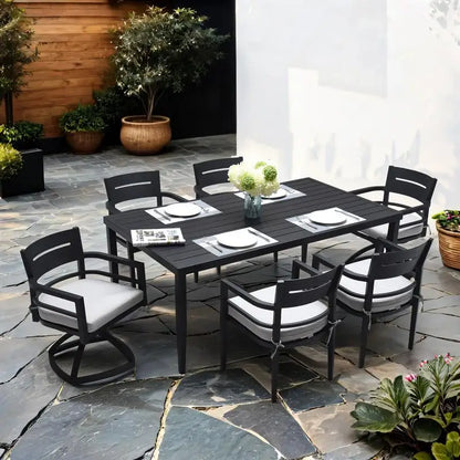 Side view of the Modern Black Aluminum Dining Set, demonstrating the sleek design and tapered legs.