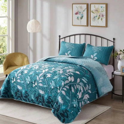 3-Piece Queen Floral Quilt Set, Lightweight Reversible Farmhouse Coverlet with 2 Pillow Shams - yellow botanical quilt pattern