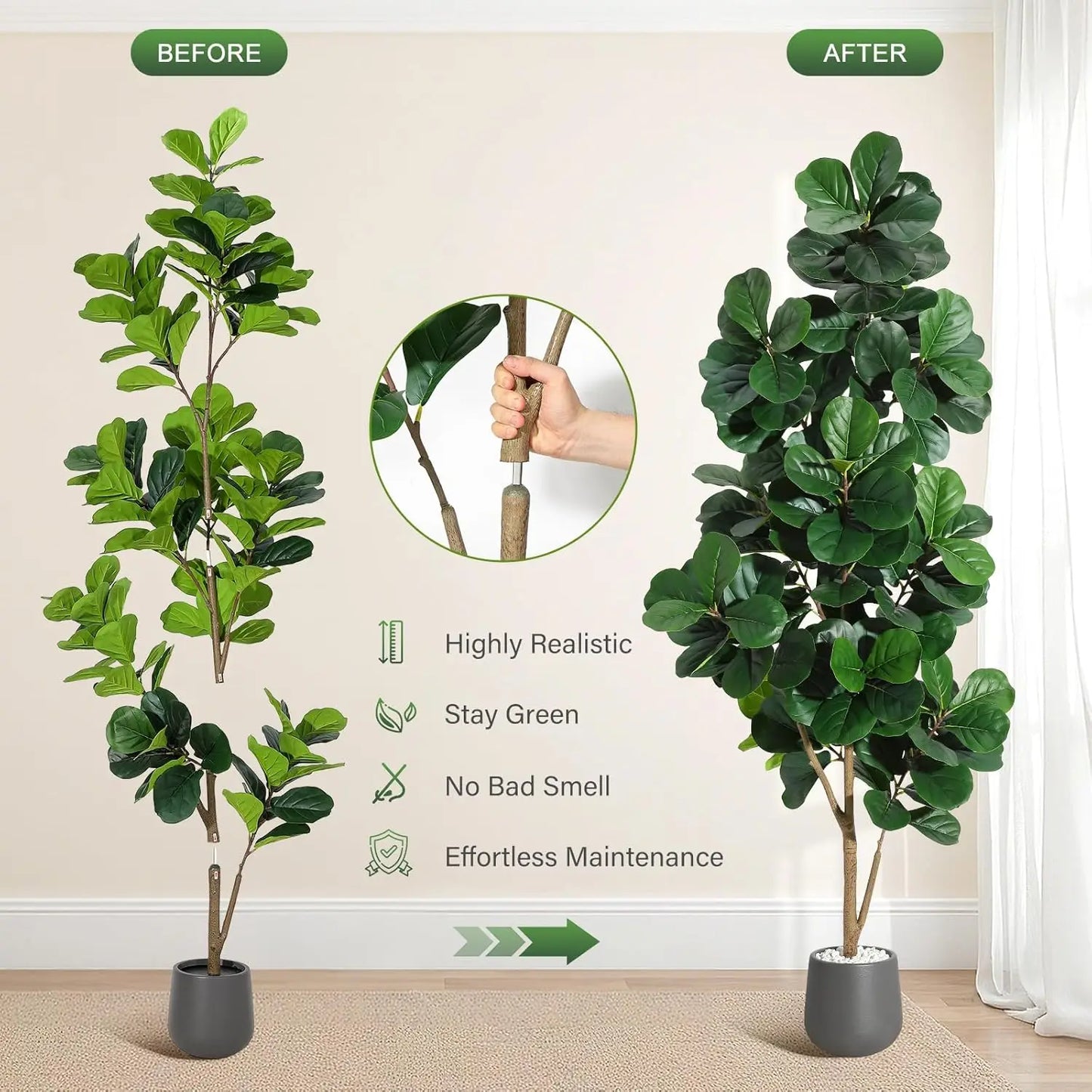 Full view of the 7FT Realistic Faux Fiddle Leaf Fig Tree in a bright room, demonstrating its versatility and instant greenery effect.