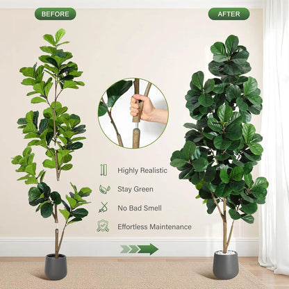 Full view of the 7FT Realistic Faux Fiddle Leaf Fig Tree in a bright room, demonstrating its versatility and instant greenery effect.