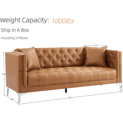 Versatile Mid-Century Modern Leather Tufted Sofa w/2 Throw Pillows