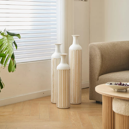 White Tall & Slender Metal Cylindrical Floor Vase~Set of 3